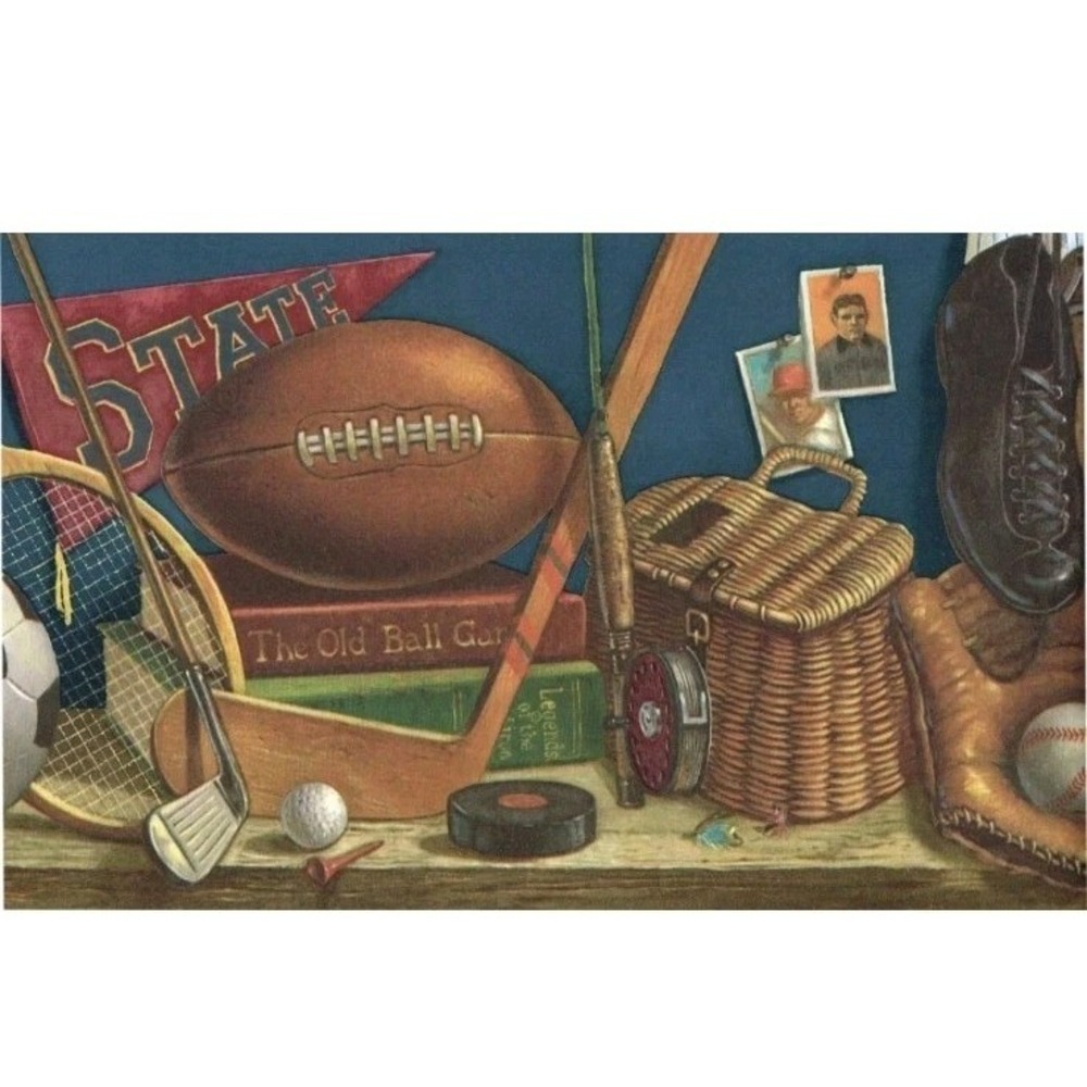 Vintage All Sports Ball Fishing Golf Soccer Blue Wall Paper Border Lot Of 2 New